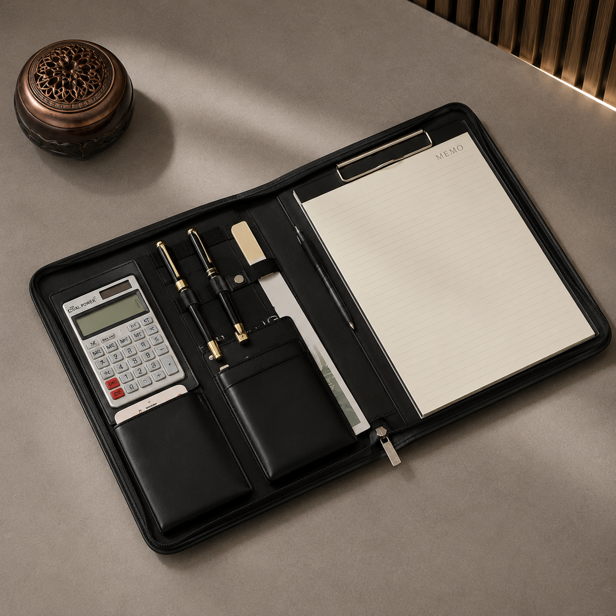 LuxeFold™ Leather Portfolio with Calculator