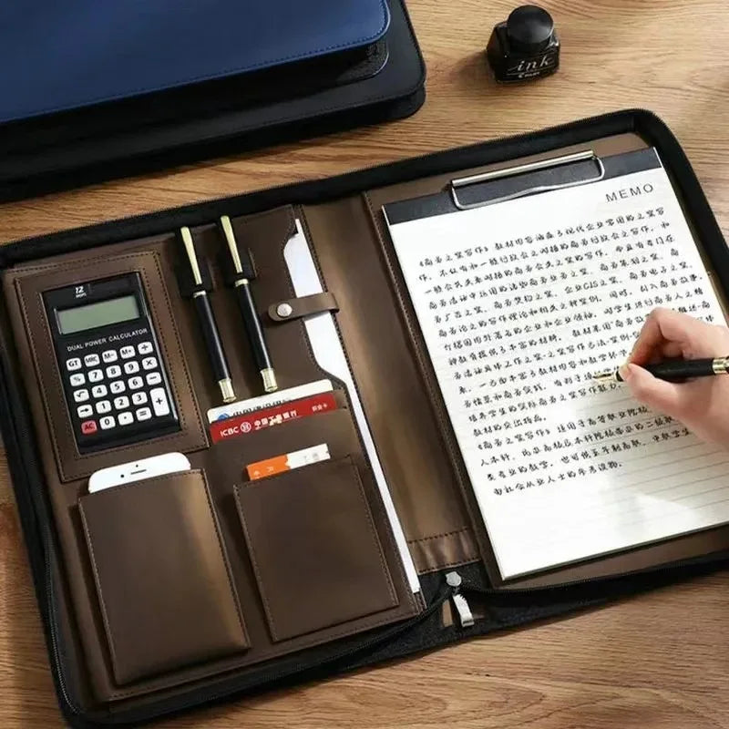 LuxeFold™ Executive Leather Portfolio with Calculator