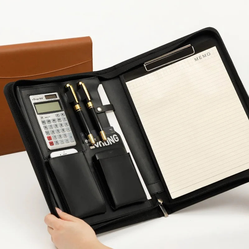LuxeFold™ Executive Leather Portfolio with Calculator